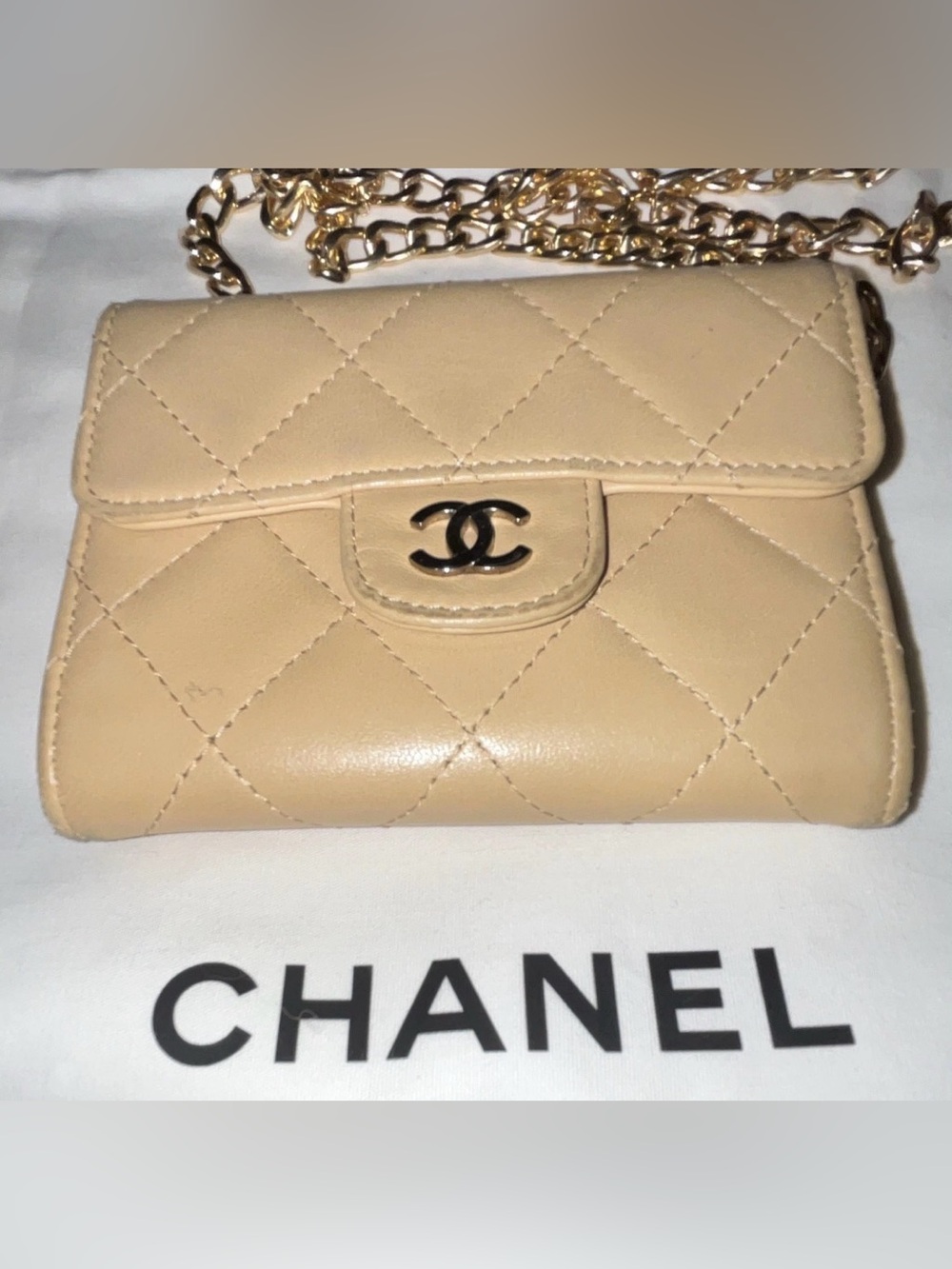 CHANEL Beige Quilted Folding Wallet w/ Credit Card Slots